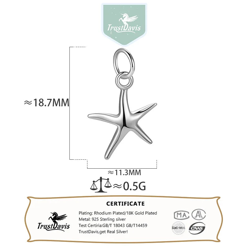 TrustDavis Real 925 Sterling Silver Smooth Bright Starfish Charm Pendant Handmade DIY Accessories Fine Jewelry Wholesale DZ1803