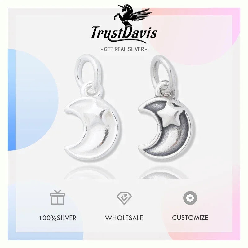 TrustDavis Real 925 Sterling Silver Fashion Cute Stars Moon Charm Pendant Handmade DIY Accessories Fine Jewelry Wholesale DZ1660
