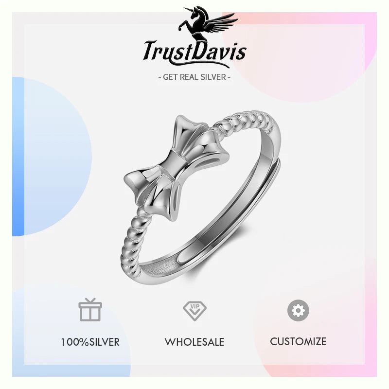 TrustDavis Real 925 Sterling Silver Women's Adjustable ring Fashion Fashion Bow Open Ring for Women Girls Jewelry Gifts DS4257