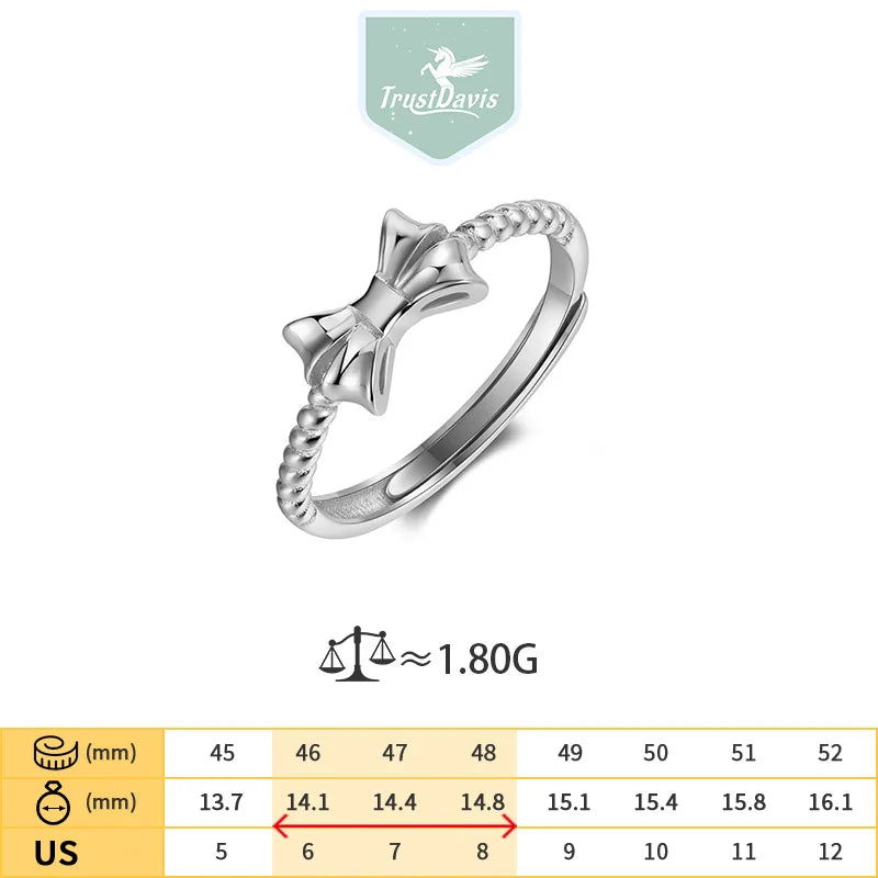 TrustDavis Real 925 Sterling Silver Women's Adjustable ring Fashion Fashion Bow Open Ring for Women Girls Jewelry Gifts DS4257