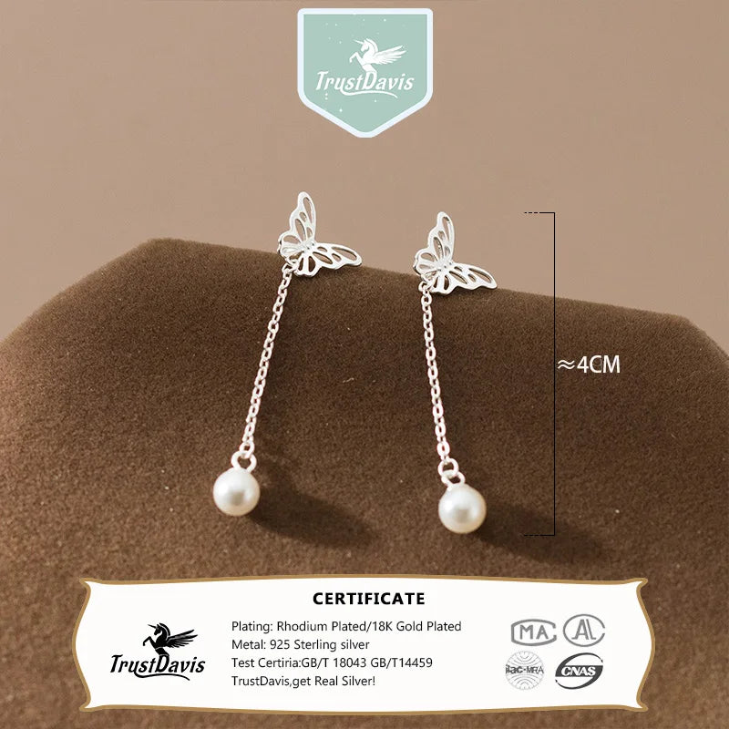 Pendientes TrustDavis Plata de Ley 925 auténtica con forma de mariposa y perlas para mujer, joyería fina para fiesta de boda, regalo DS4172