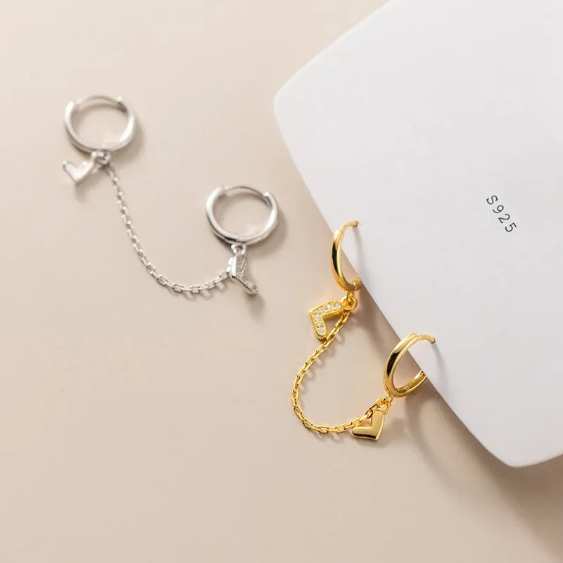 TrustDavis 1Pcs Real 925 Sterling Silver Fashion Heart Chain Double Hoop Earrings For Women Wedding Party Fine Jewelry DA2287