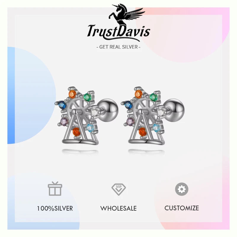 TrustDavis Girls 925 Sterling Silver Ferris Wheel Bead Screw Stud Earrings for Daughter Children Birthday Gift Jewelry DS4167
