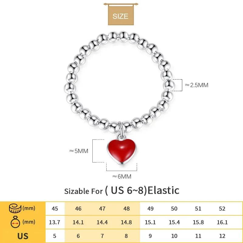 TrustDavis Minimalist Real 925 Sterling Silver Sweet Beads Red Heart Elastic Rings For Women Wedding Party S925 Jewelry DA1376