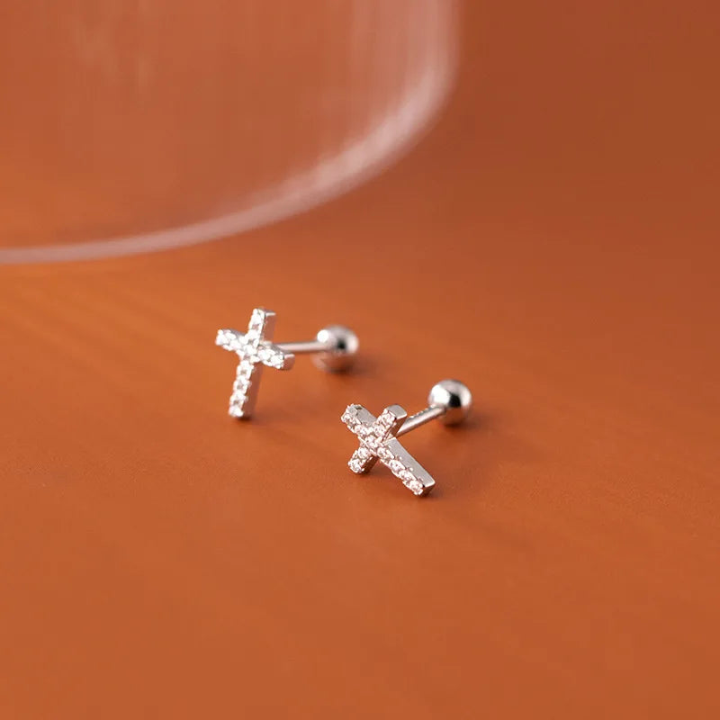 Trustdavis Real 925 Sterling Silver Sweet Cross Round CZ Screw Stud Earrings For Women Children Baby Girls Kids Jewelry DB1365