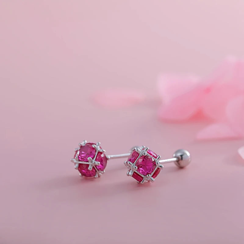 TrustDavis Real 925 Sterling Silver Ball Red CZ Screw Beads Stud Earrings For Women Children Baby Girls Minimalist Jewelry H080