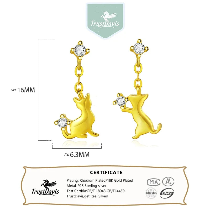 TrustDavis Real 925 Sterling Silver Cute Asymmetric Cats CZ Stud Earring For Women Daughter Birthday Gift Fine Jewelry DS4620