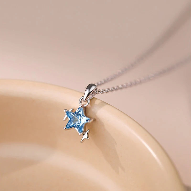 TrustDavis 925 Sterling Silver Women's Necklace Fashion Simple Blue Star Pendant Necklace for Women Girls Jewelry Gift DS4652