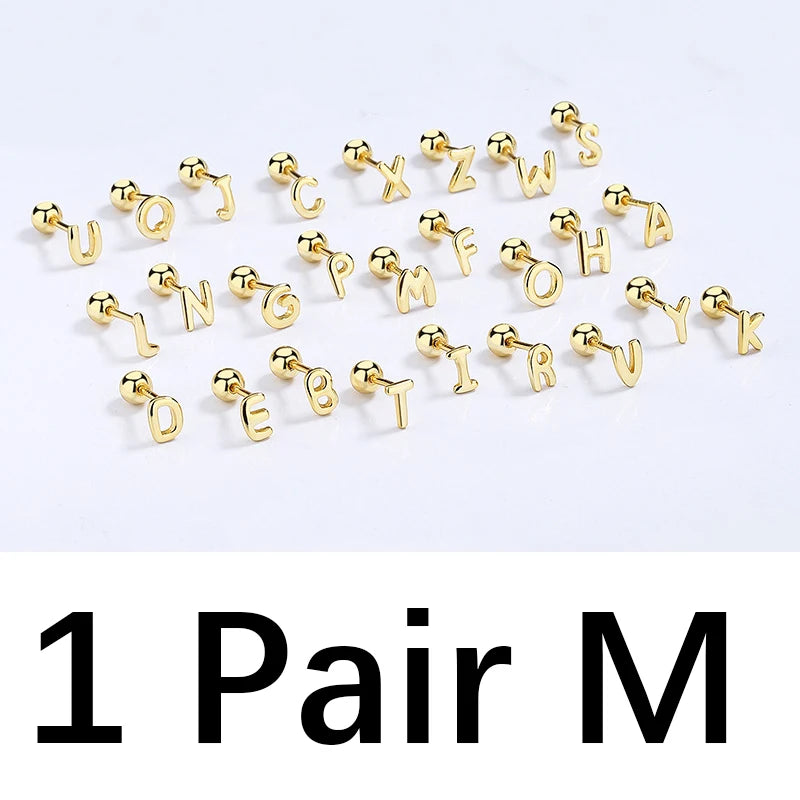 TrustDavis Real 925 Sterling Silver 26 Letter Screw Beads Stud Earring For Women Children Baby Minimalist Fine Jewelry DA2867