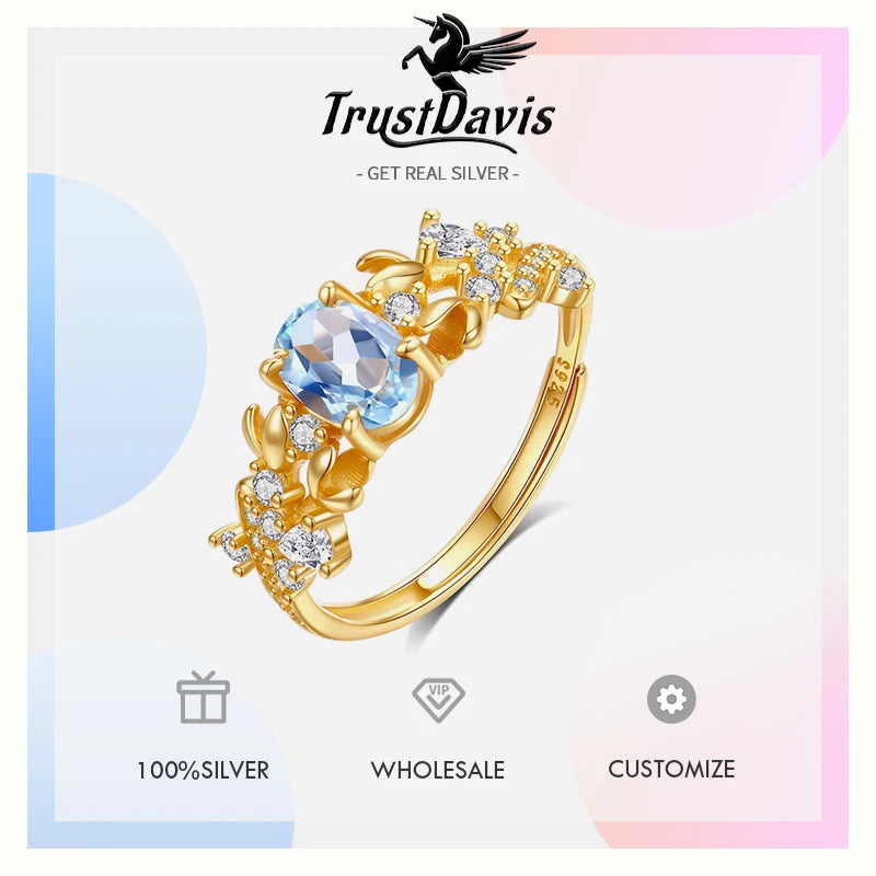 TrustDavis 925 Sterling Silver Women's Fashion Sweet Bauhinia Natural Crystal Stone Ring for Women Girls Jewelry Gift DS4421