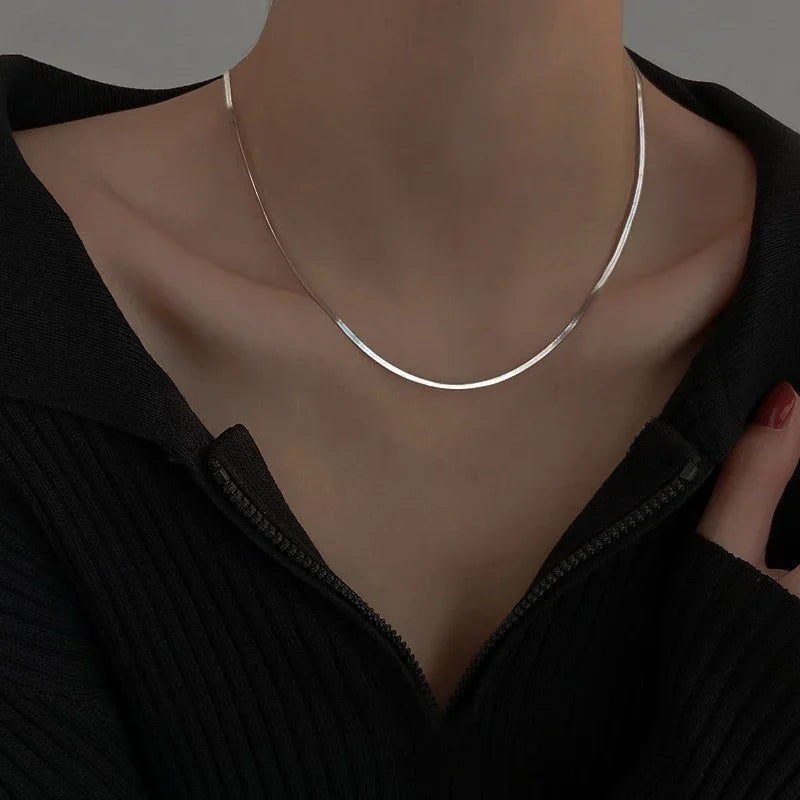 TrustDavis 925 Sterling Silver Simple Snake Chain Clavicle Charming Necklace for Women Fashion Korean Necklace Jewelry DA3222