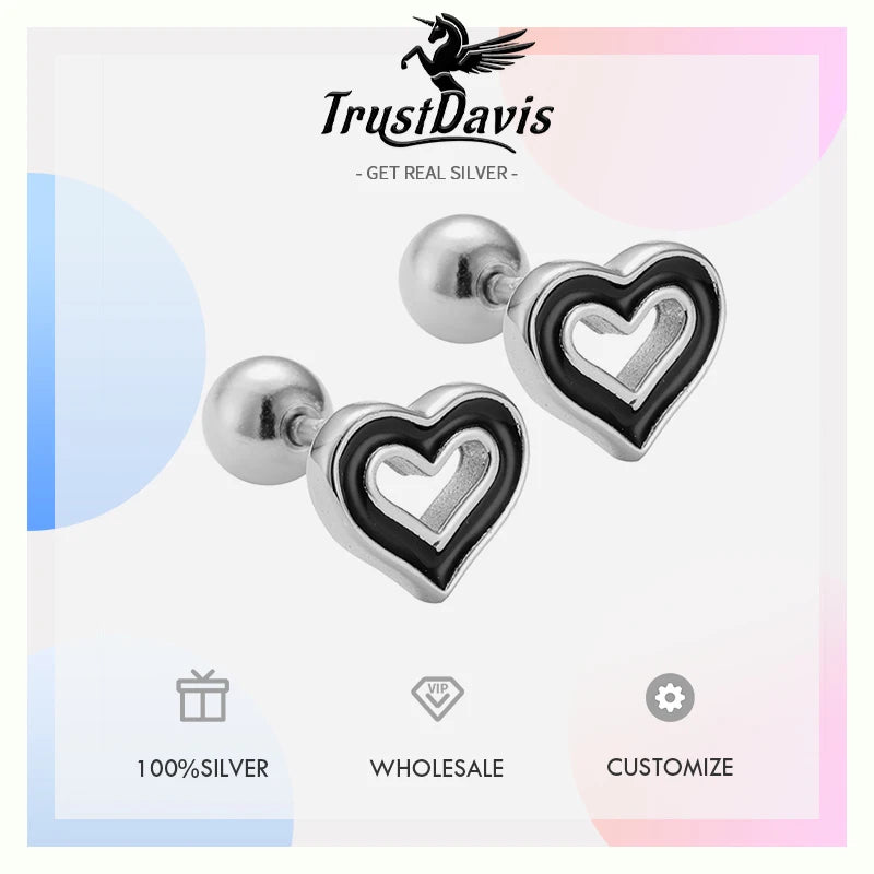 TrustDavis 925 Sterling Silver Women's Fashion Simple Epoxy Hollow Heart-shaped Earrings for Women Girls Jewelry Gift DS4405