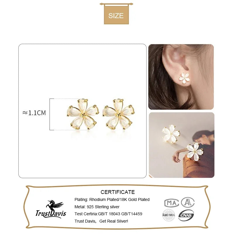 TrustDavis Real 925 Sterling Silver Stud Earrings For Women Gold Pretty Flower Valentine's Day Fine 925 Earring Jewelry DS2573