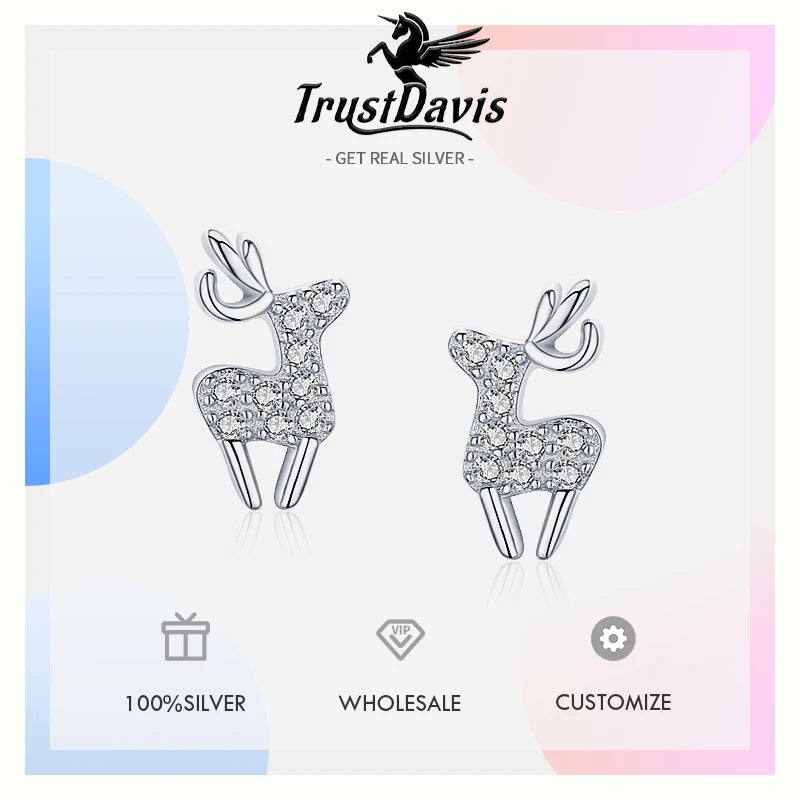 TrustDavis 925 Sterling Silver Women's Fashion Sweet Deer Zircon Animal Earrings for Women Girls Jewelry Gift DS4311