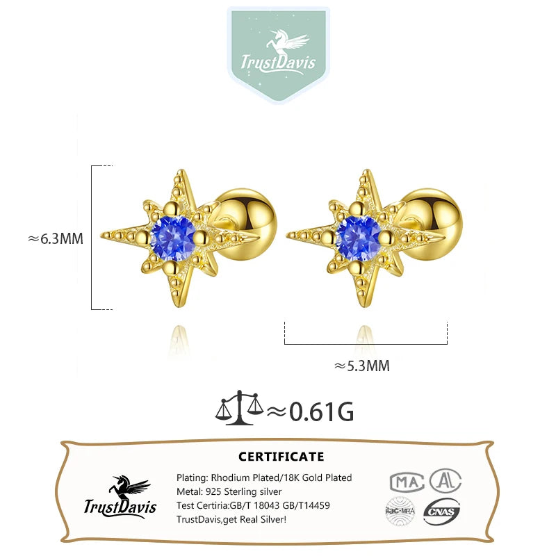 TrustDavis Girls 925 Sterling Silver Star Earrings Zircon Stud for Women Wedding Party Fine Jewelry Wholesale DS4577