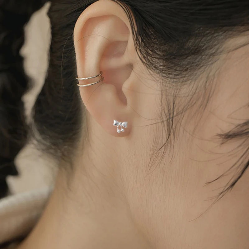 999 Sterling Silver Cute Heart Bowknot Screw Stud Earrings DS4626