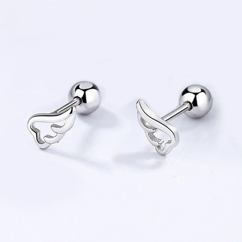 Real 925 Sterling Silver Angel Wing Bead Screw Earrings DA2876