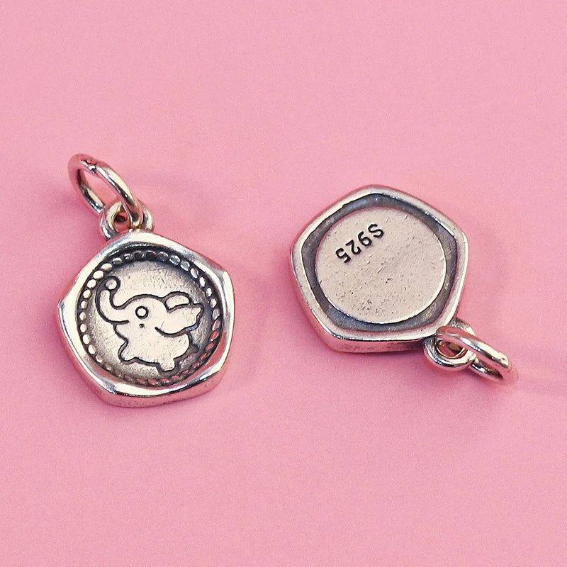 TrustDavis 925 Sterling Silver Cute Circular Elephant Charms Pendant for Bracelet Necklace DIY Accessories DZ1660