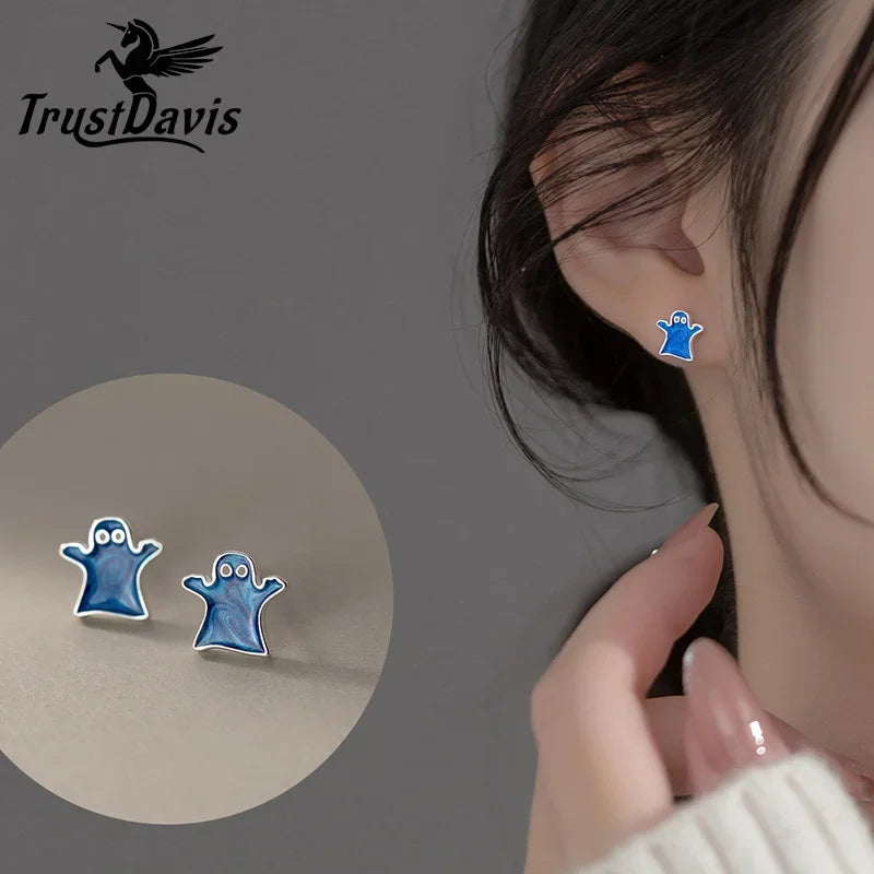 Trustdavis Girls 925 Sterling Silver Cute Blue Monster Stud Earrings Birthday Gift for Mom Daughter Kids Silver Jewelry DS3969