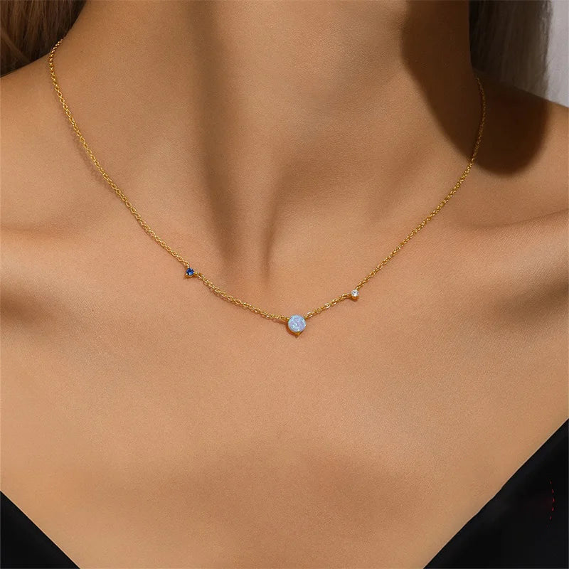 Blue Opal Necklace Opal and Diamond Clavicle Necklace DS4202