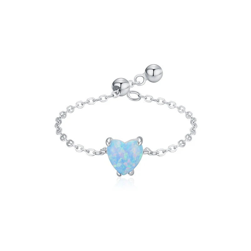 TrustDavis Real 925 Sterling Silver Women's Fashion Simple Blue Opal Heart Adjustable Ring for Women Girls Gift Jewelry DS4233