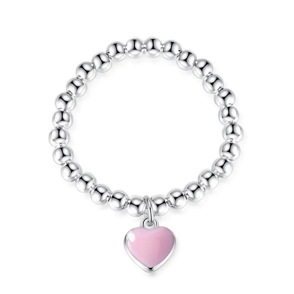 TrustDavis Minimalist Real 925 Sterling Silver Sweet Beads Red Heart Elastic Rings For Women Wedding Party S925 Jewelry DA1376