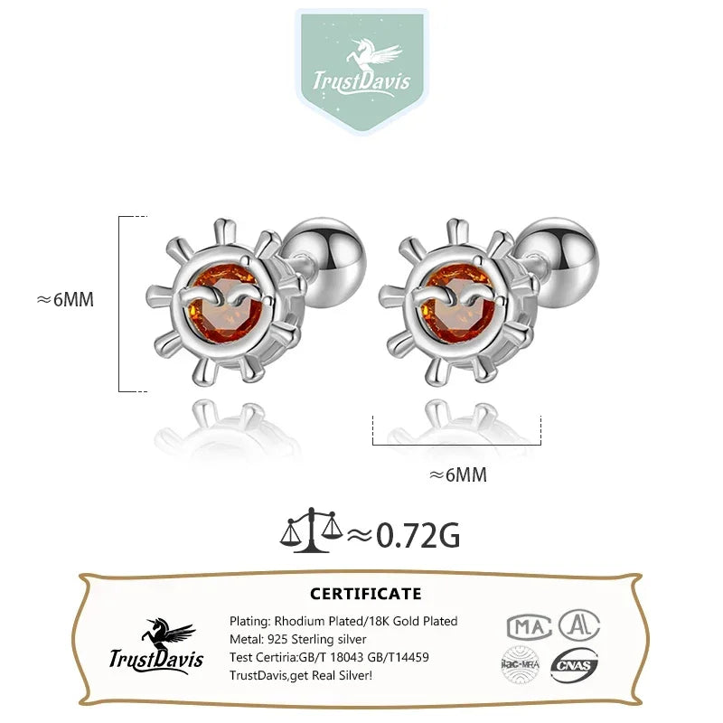 TrustDavis Real 925 Sterling Silver Minimalist Sunshine CZ Stud Earrings For Women Young Daughter Birthday Gift Jewelry DS4586