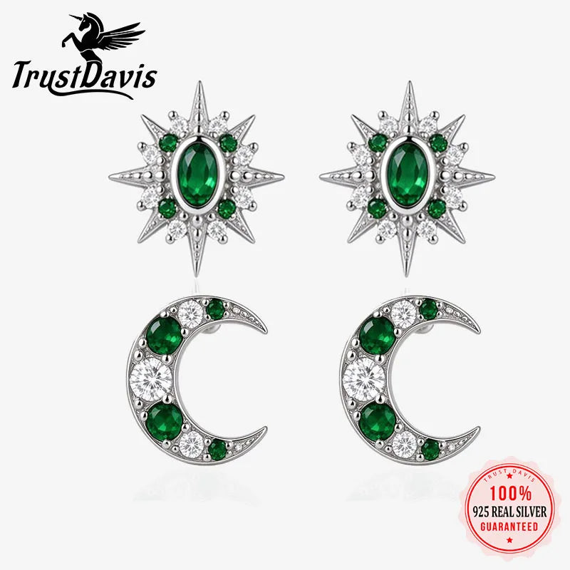Silver Stars Moon Emerald Zircon Stud Earrings DS5018