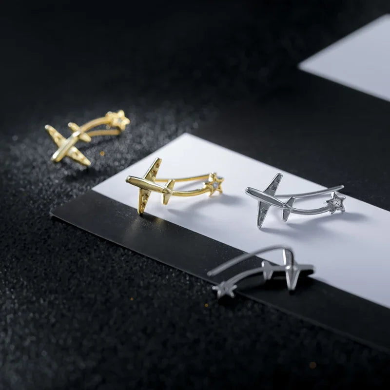 Real 925 Sterling Silver Fashion Plane Star Ear Hook Charm Stud Earrings H072