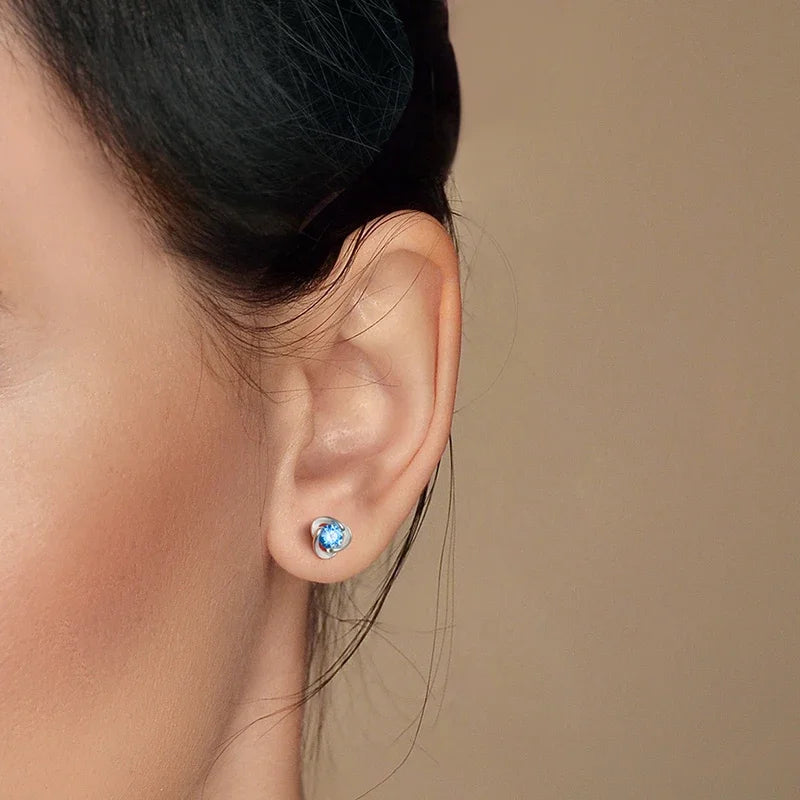 TrustDavis Real 925 Sterling Silver Kids Earrings Triangle Blue CZ Screw Stud Earrings For Daughter Girls Jewelry Gift DF2011
