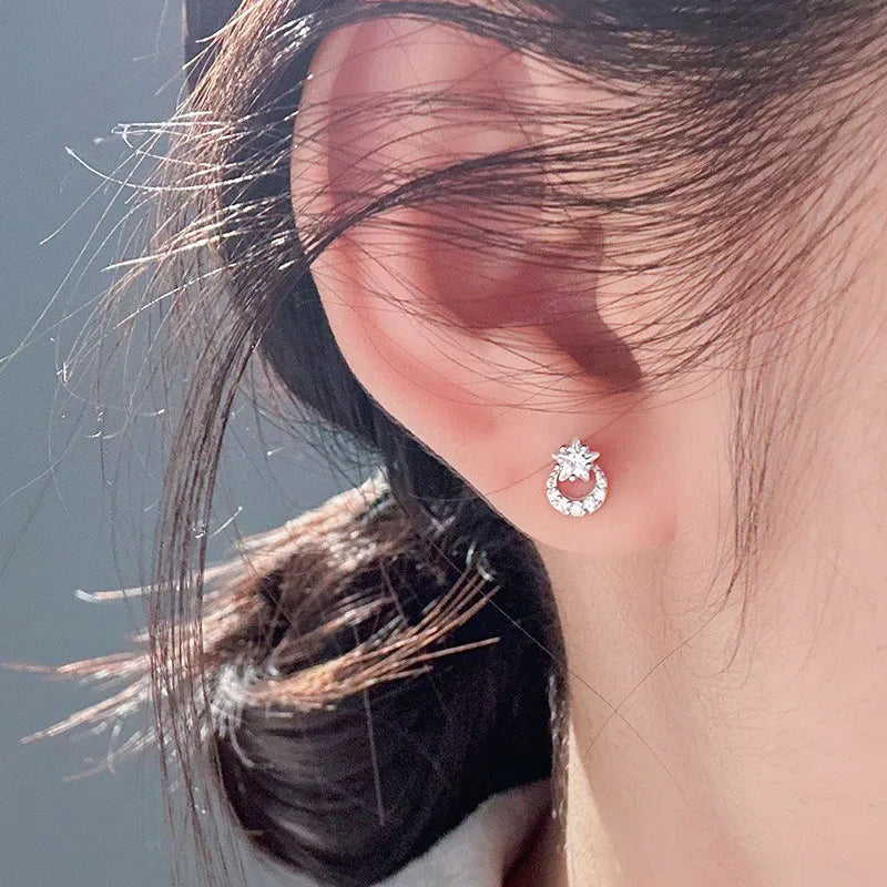 Real 925 Sterling Silver Star Moon Zircon Stud Earrings DS4950