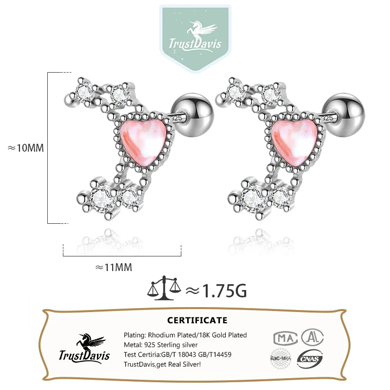 Trustdavis Real 925 Sterling Silver Romantic Heart Moon Shiny CZ Screw Stud Earrings For Women Wedding Fine Jewelry Gift DS4625