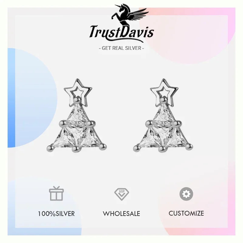 Trustdavis Genuine 925 Sterling Silver Christmas Tree Dazzling CZ Stud Earrings For Women Valentine's Day Fine Jewelry DS646
