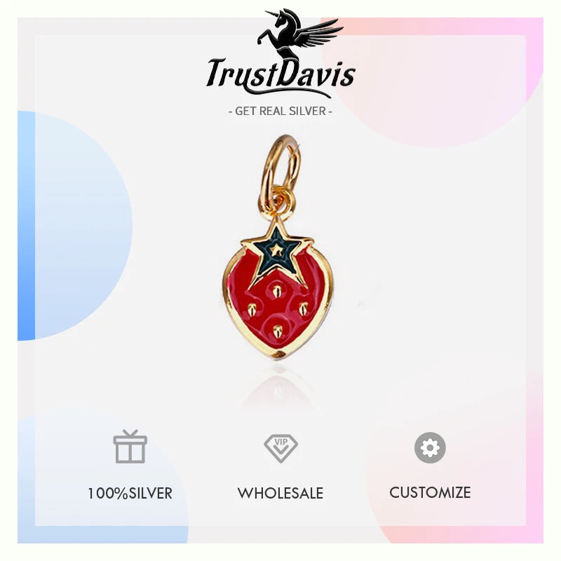 TrustDavis Real 925 Sterling Silver Cute Strawberry Charm Pendant Handmade DIY Accessories Fine Jewelry Wholesale DZ1711