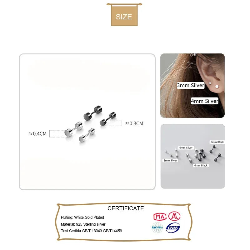 Real 925 Sterling Silver Cute Geometric Round Barbells Screw Earrings DA2001