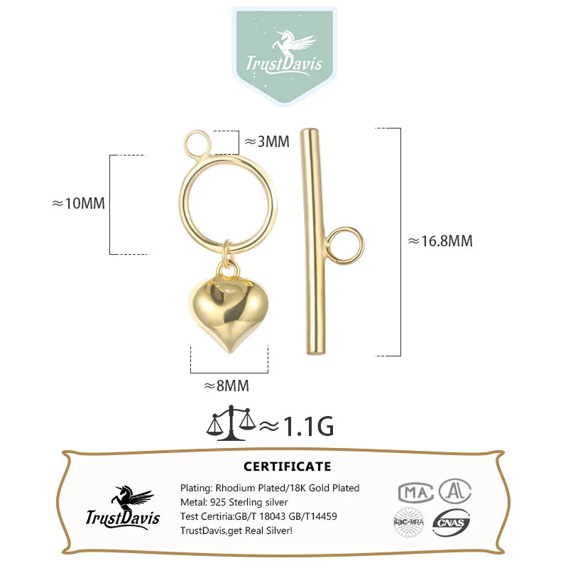 TrustDavis Real 925 Sterling Silver Fashion Romantic Heart OT Clasp Charm Pendant Handmade DIY Accessories Fine Jewelry HY295
