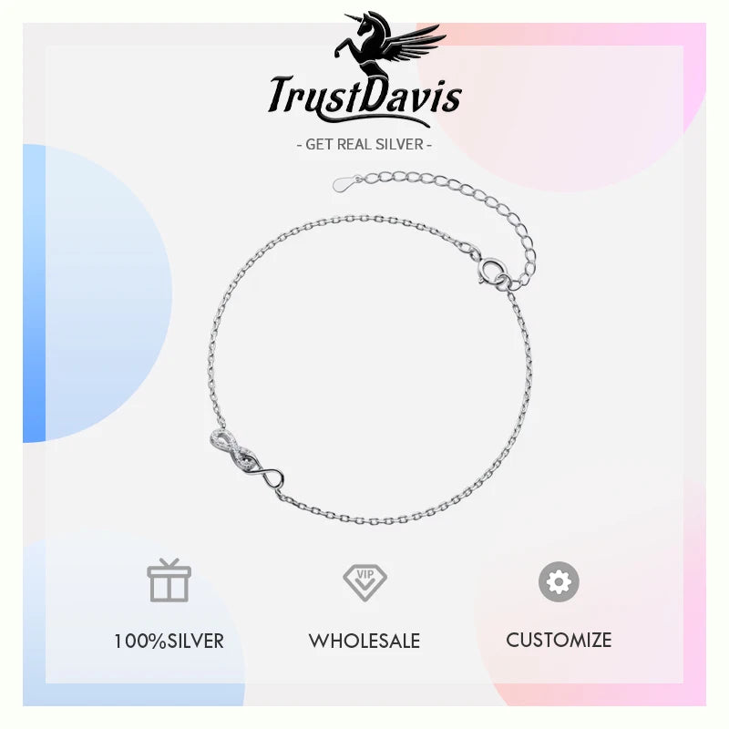 TrustDavis Genuine 925 Sterling Silver Fashion Sweet Minimalist Infinite CZ Anklets For Women Wedding Fine S925 Jewelry DA2007