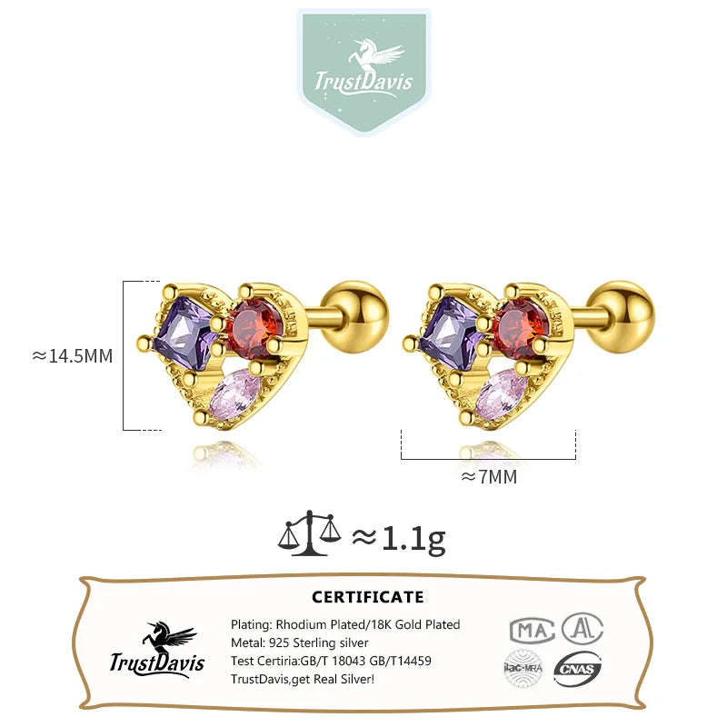 TrustDavis Authentic 925 Sterling Silver Color Heart Stud Earrings for Women Girls Kids Birthday Gift Jewelry DS3905
