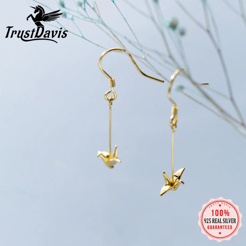 925 Sterling Silver Lovely Paper Crane Sweet Long Dangle Earrings DT53