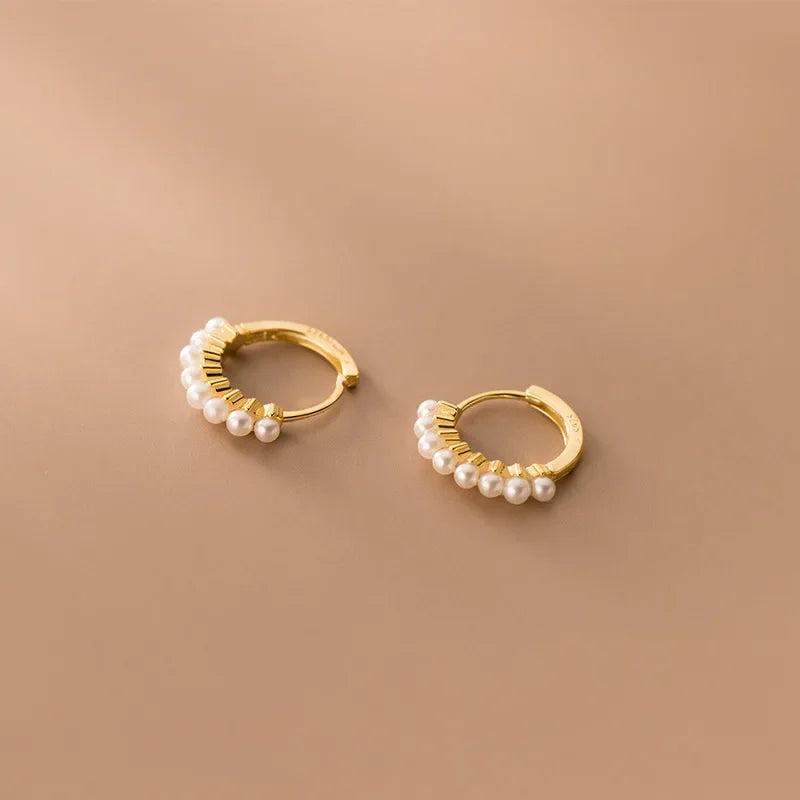 TrustDavis Real 925 Sterling Silver Hoop Earrings For Women Wedding Christmas Synthesis Pearl Gold Fine Silver Jewelry DA2819