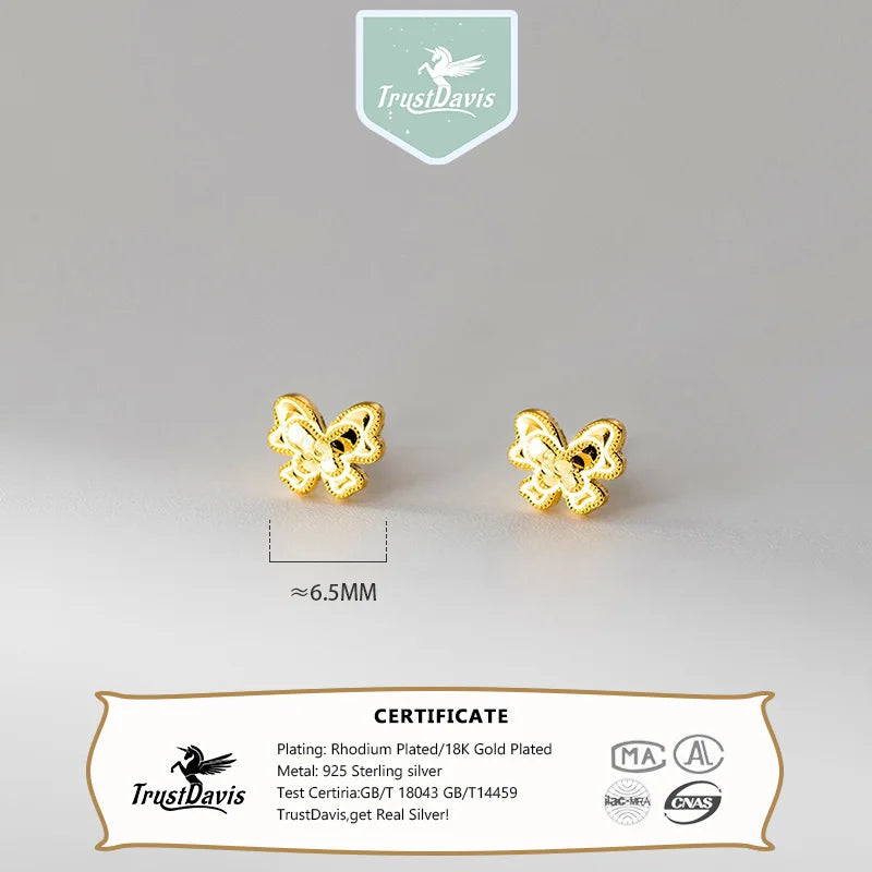 TrustDavis Real 925 Sterling Silver Fashion Sweet Butterfly Stud Earrings for Women Wedding Valentine's Day Fine Jewelry DS4176