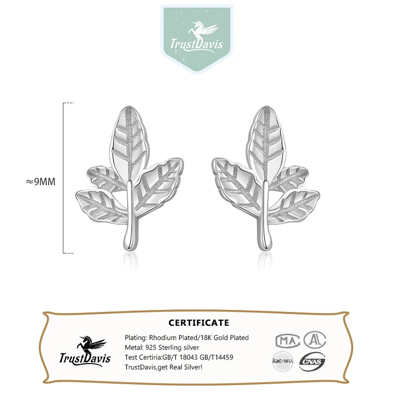 TrustDavis Girls 925 Sterling Silver Sweet Leaf Plant Stud Earrings for Mom Daughter Children Birthday Jewelry DS4478