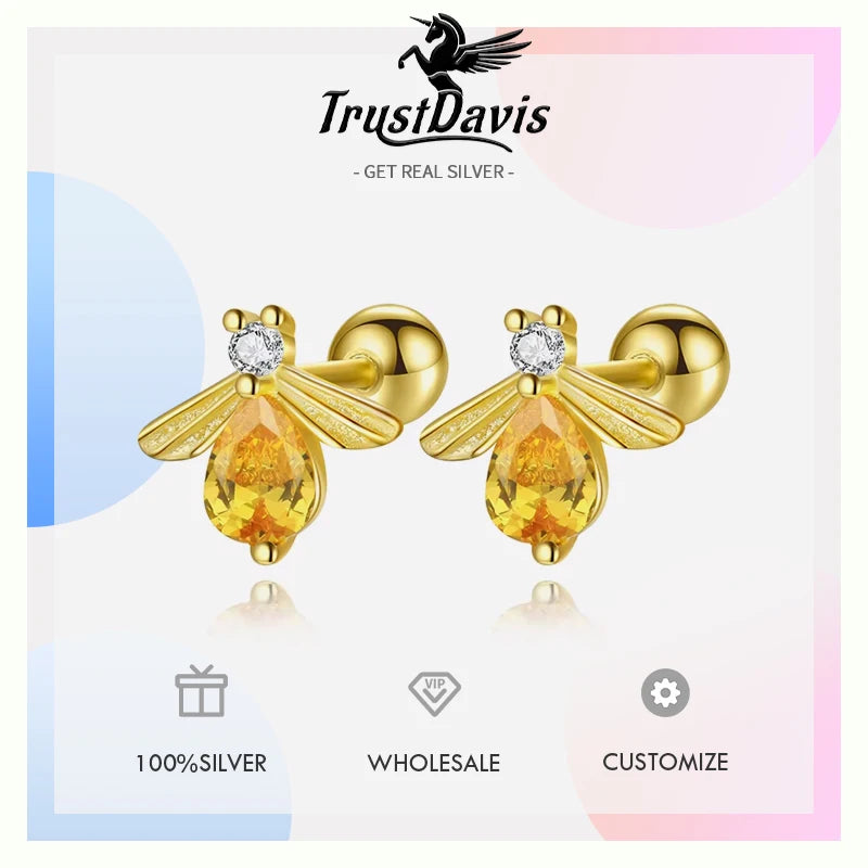 TrustDavis Real 925 Sterling Silver Cute Insect Bee Zircon Stud Earrings For Women Wedding Valentine's Day Jewelry DS4575