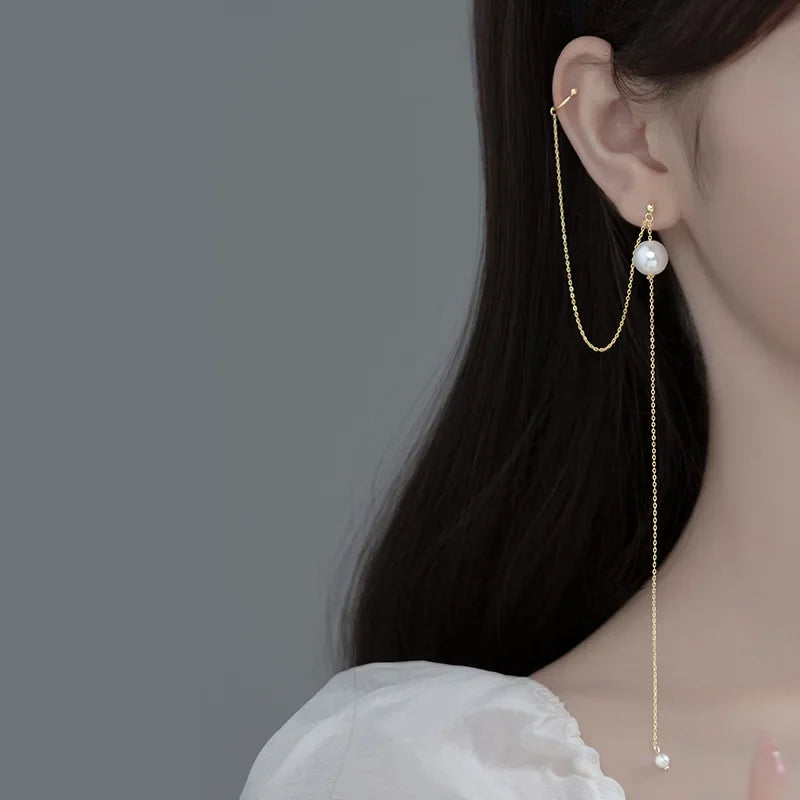 Double Layer Chain pearl Ear Line Cuff Clip on Earrings DA1215