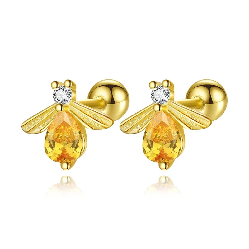 TrustDavis Real 925 Sterling Silver Cute Insect Bee Zircon Stud Earrings For Women Wedding Valentine's Day Jewelry DS4575