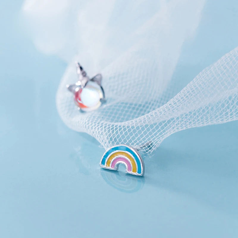 Trustdavis 100% 925 Solid Real Sterling Silver Asymmetric Rainbow Unicorn Stud Earring For Women Girl Fine Jewelry Brincos ZH131