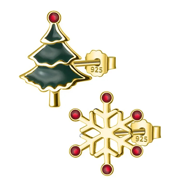 TrustDavis 925 Sterling Silver Asymmetric Snowflake Christmas Tree Stud Earring For Women Wedding Party Fine S925 Present DA227