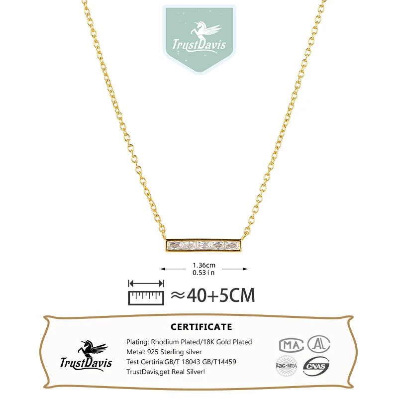 TrustDavis Real 925 Sterling Silver Women's Fashion Simple Square Bar with Zircon Necklace for Women Girls Gift Jewelry DS4234