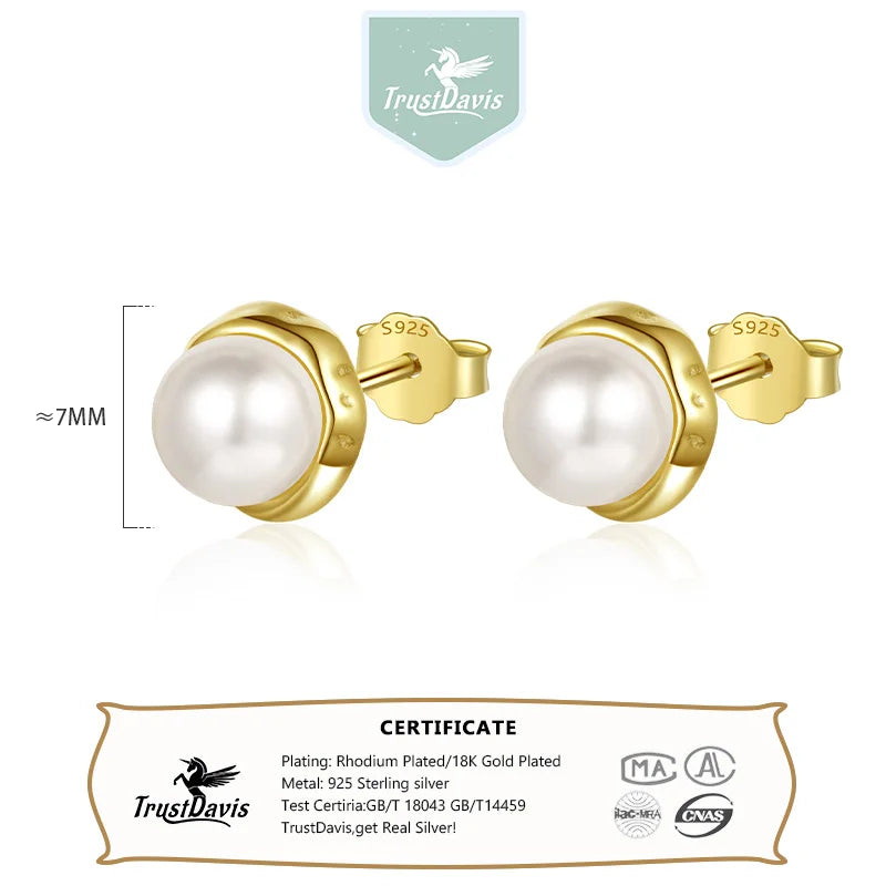 TrustDavis Real 925 Sterling Silver Sweet Natural Freshwater Pearl Stud Earrings For Daughter Girls Birthday Gift Jewelry DE0308