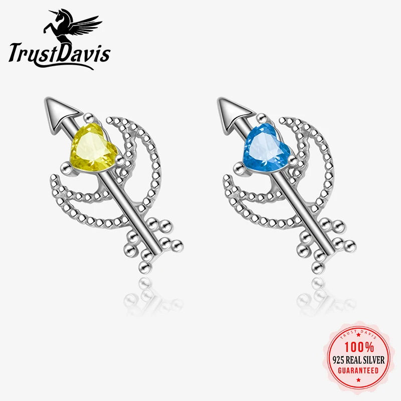 Trustdavis Real 925 Sterling Silver Sweet Heart Moon Zircon Stud Earrings for Women Wedding Party Fine S925 Jewelry DA3219